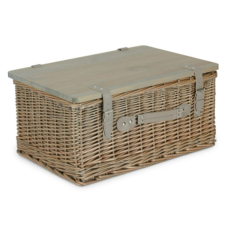 image 1 of Antique Wash Empty Picnic Basket with Pinewood Lid Brown | XL