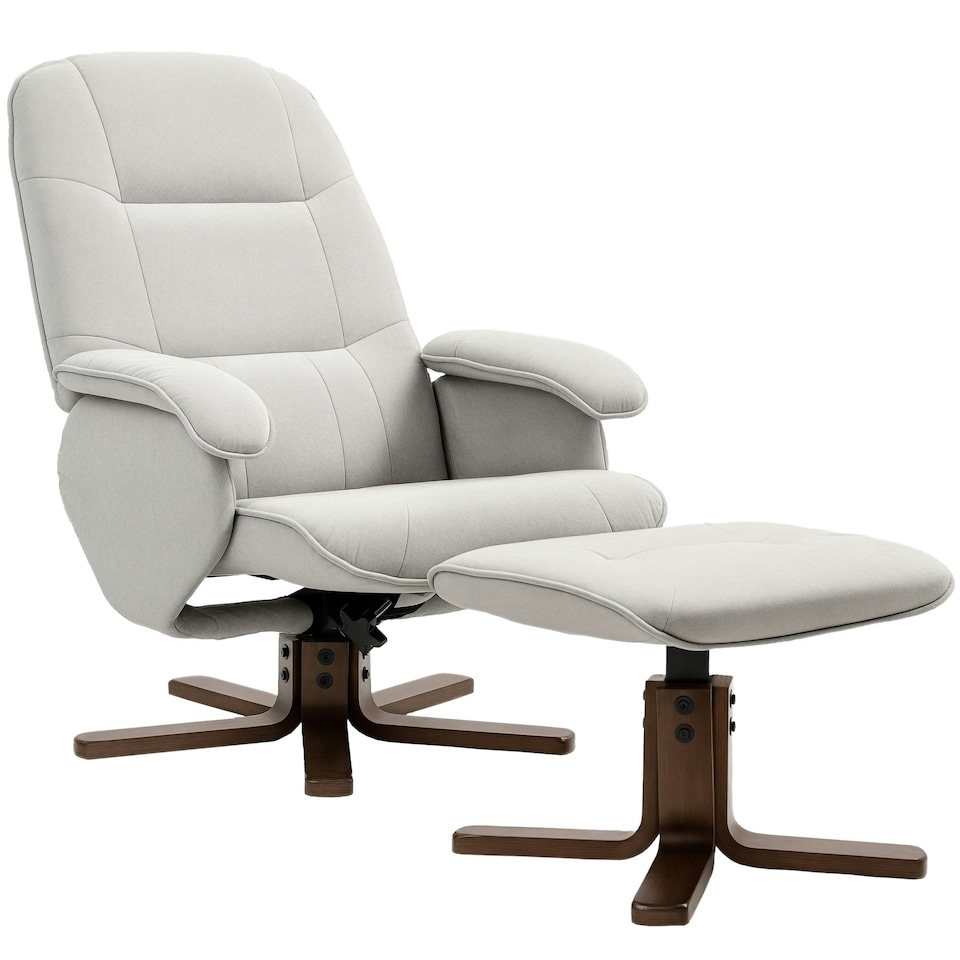 image 1 of HOMCOM Swivel Recliner Chair with Footstool and Wooden Base, Light Grey