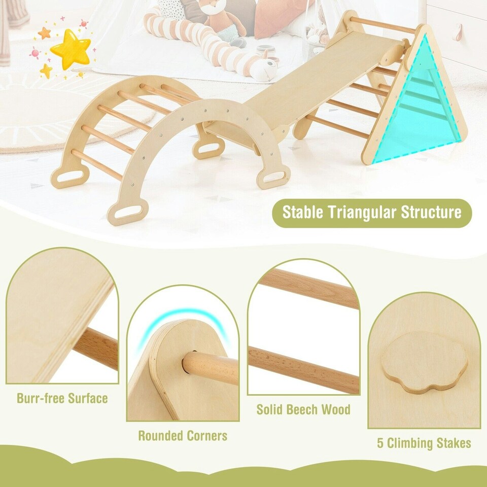 image 1 of COSTWAY 3-in-1 Triangle Wooden Toddler Climber Ramp Arch