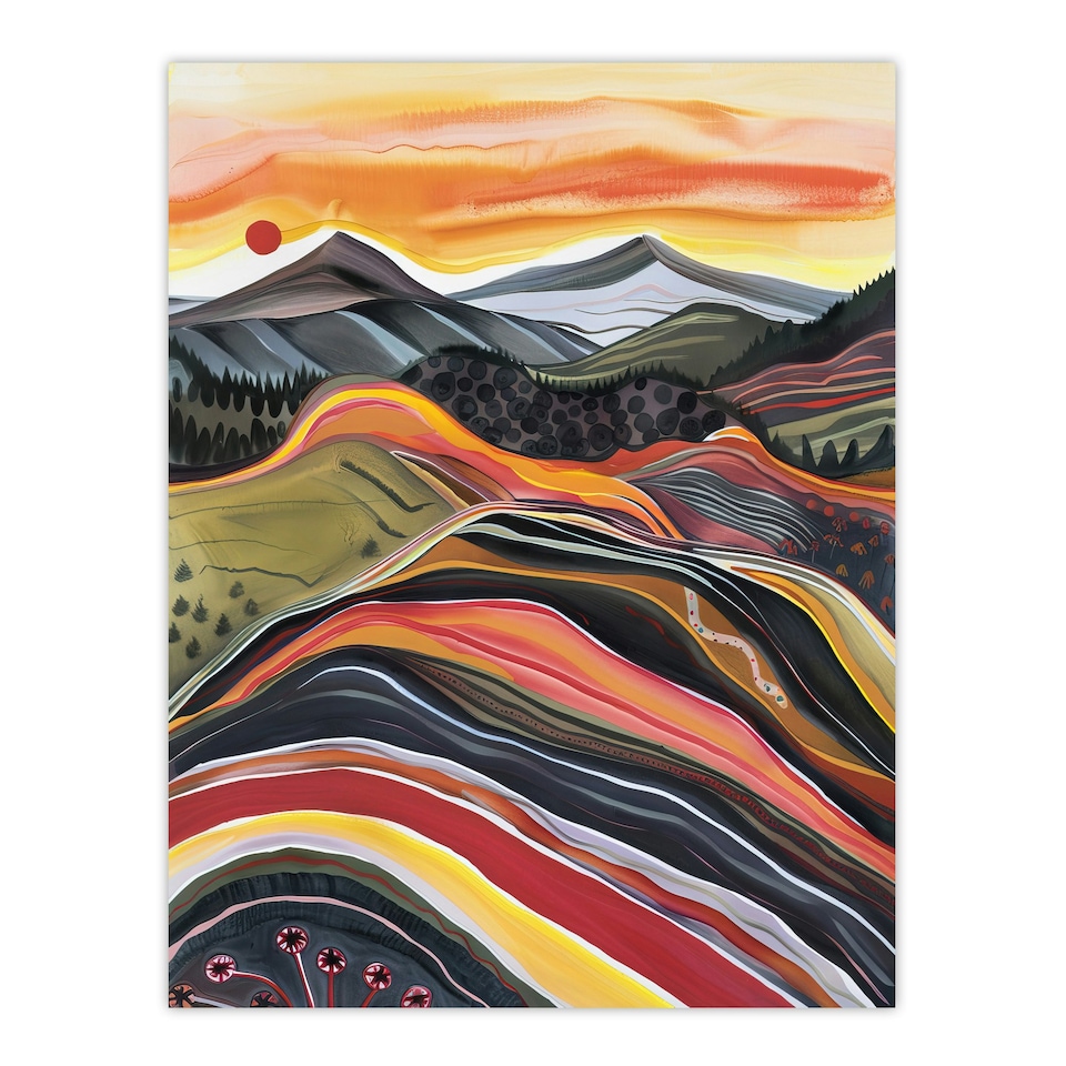 image 1 of Cairngorms Mountains Scottish Sunset Folk Art Black Framed Wall Art Print A4