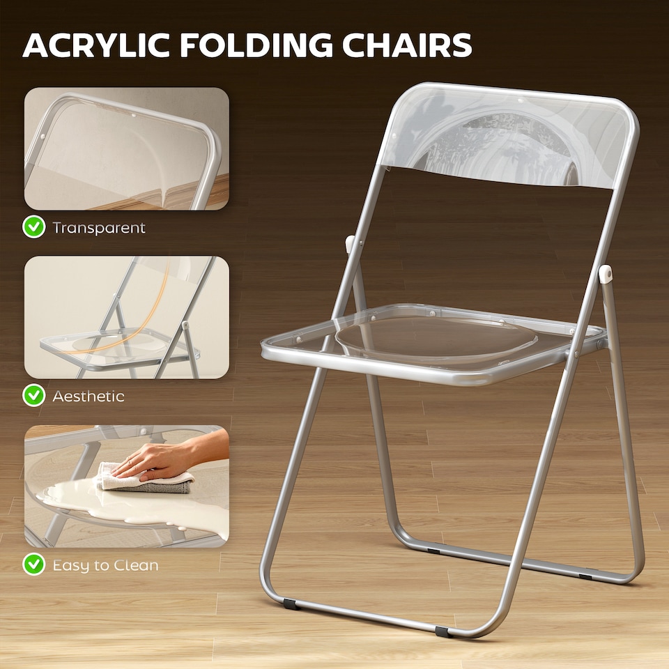 image 1 of HOMCOM Foldable Chairs with Heavy Duty Steel Frame, Clear