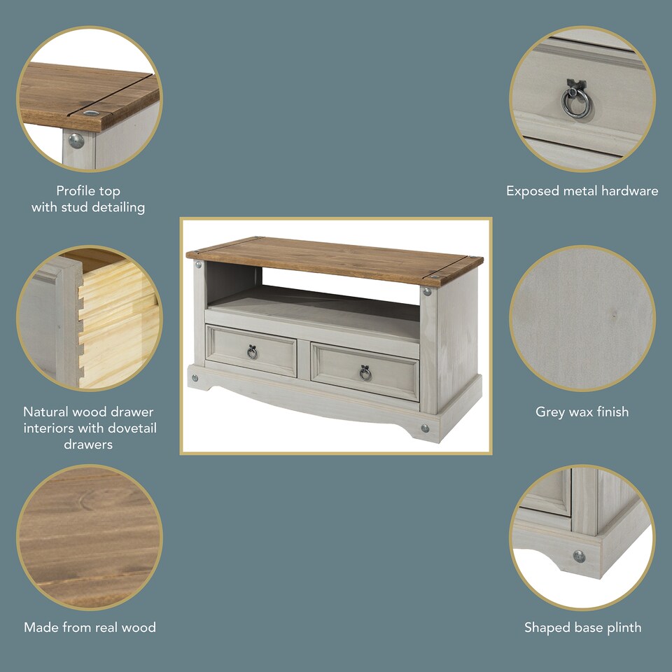 image 1 of Corona Flat Screen TV Unit - Antique Waxed Pine Media Cabinet with Drawers, Shelf, and Traditional Mexican Design | Grey | Grey | 1