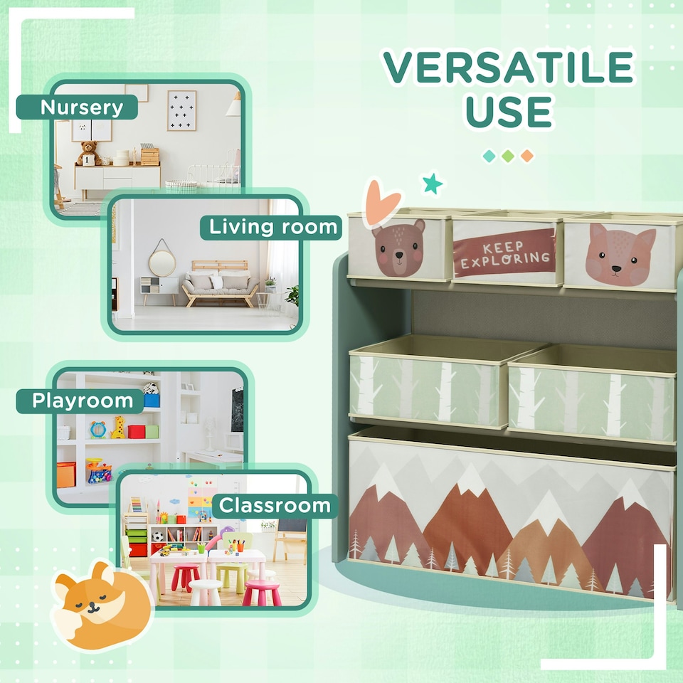 image 1 of ZONEKIZ Kids Storage Unit, Childrens Toy Storage Organiser, with 6 Fabric Bins | Green | 63 x 30 x 66 cm