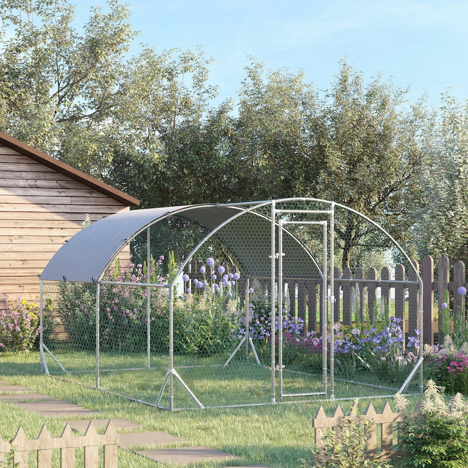 image 1 of PawHut Walk-In Chicken Run Galvanised Chicken Coop w/ Cover 2.8 x 3.8 x 2m