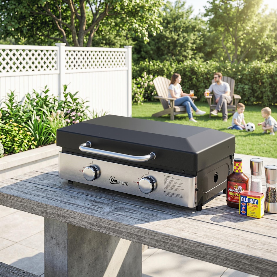 image 1 of Outsunny 2 Burner Grill Griddle, Tabletop Gas BBQ with Grease Cup, Black | Black | Black | 70.5 x 54 x 27 cm