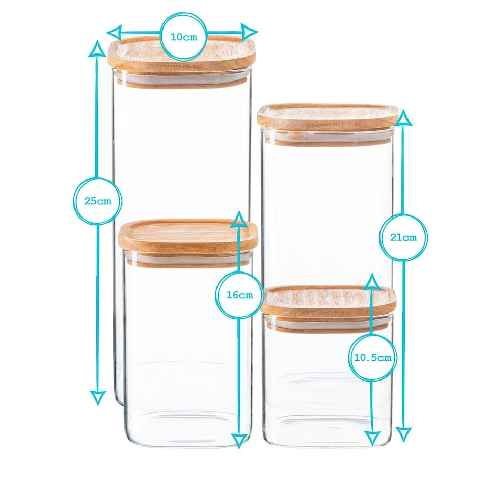image 1 of Argon Tableware 4 Piece Square Glass Storage Jars Set with Wooden Lids