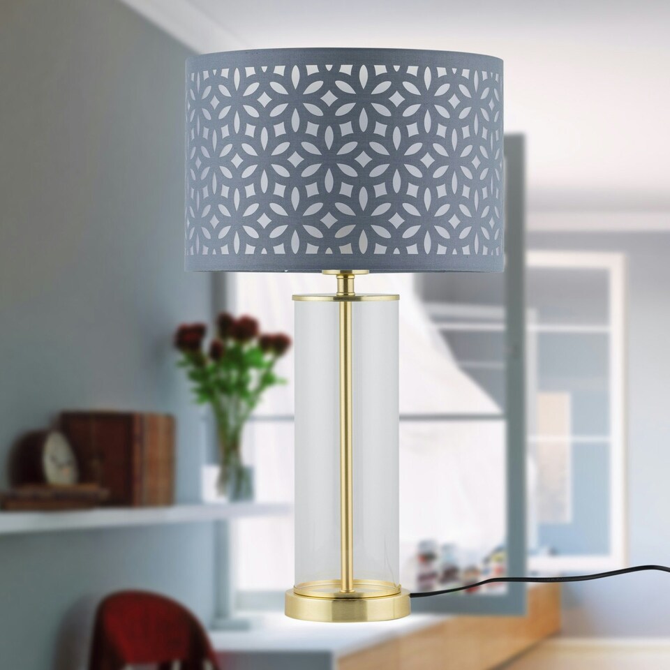 image 1 of Aura - Satin Brass Table Lamp with Grey Cut Out Shade Bronze | Grey