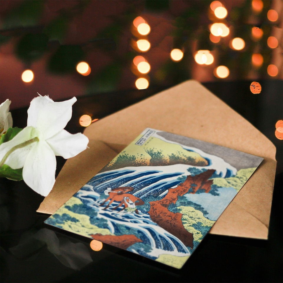 image 1 of Hokusai Japanese Art Card Waterfall Where Yoshitsune Washed His Horse