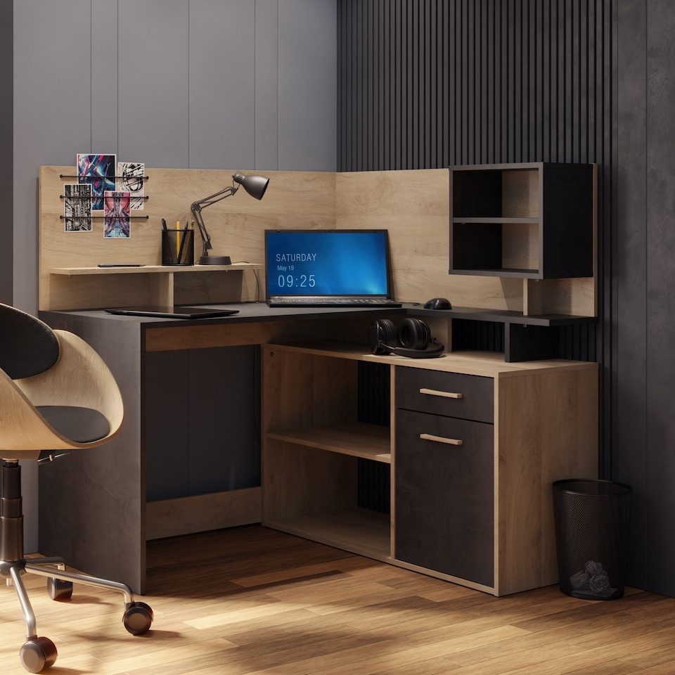 image 1 of FURNICOMP Jade 1 Door 1 Drawer Black and Oak L Shaped Corner Office Desk With Hutch
