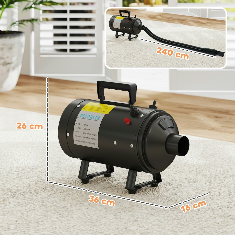 image 1 of PawHut 2200W Dog Hair Dryer with Adjustable Temperature & Velocity, Black