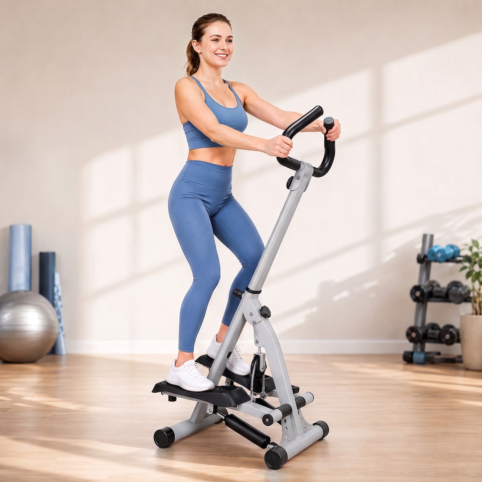 image 1 of HOMCOM Foldable Stepper Adjustable Step Machine w/ Handlebar LCD Display, Grey