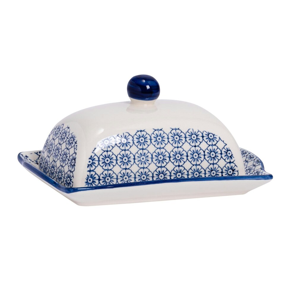 image 1 of Nicola Spring Hand-Printed Butter Dish - 18.5 x 12cm - Navy