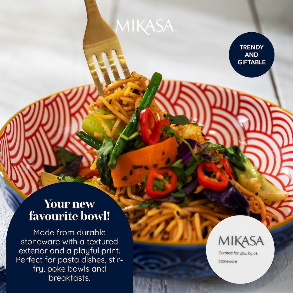 image 1 of Mikasa Set of 4 Red and Blue Arc 2 Toned Stoneware Pasta Bowls