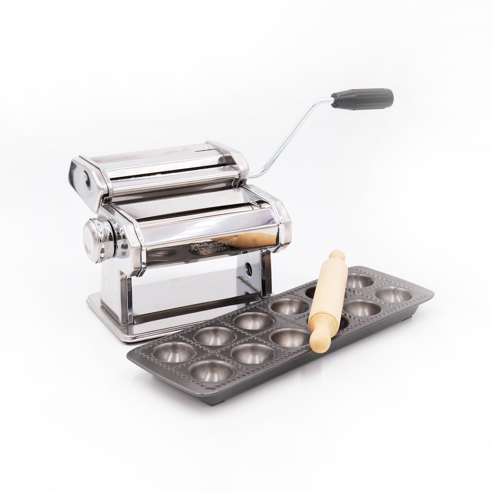 image 1 of 3pc Pasta Making Set with Deluxe Double Pasta Machine, Non-Stick Ravioli Mould and Rolling Pin