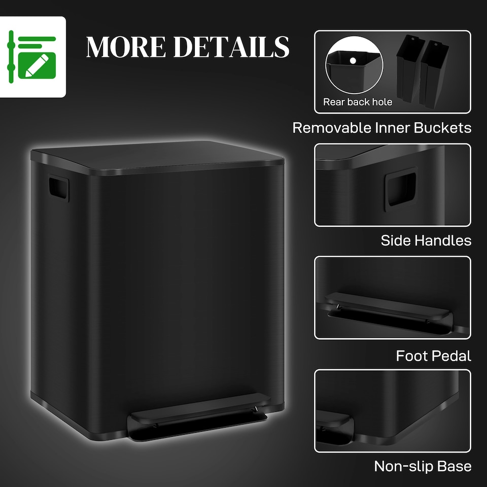 image 1 of HOMCOM 2 x 25L Double Kitchen Bin, Pedal Bin with Soft-Close Lid, Black