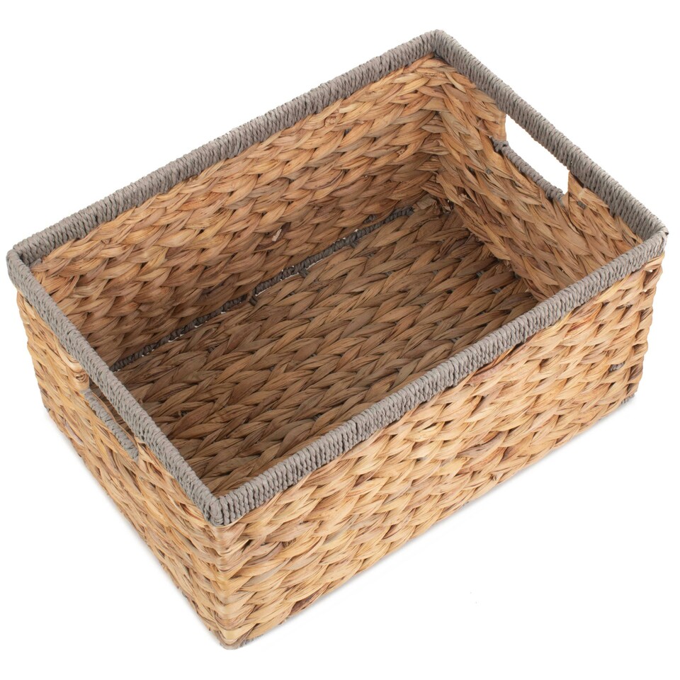 image 1 of Water Hyacinth with Grey Rope Border Rectangular Storage Basket Brown | Brown | M