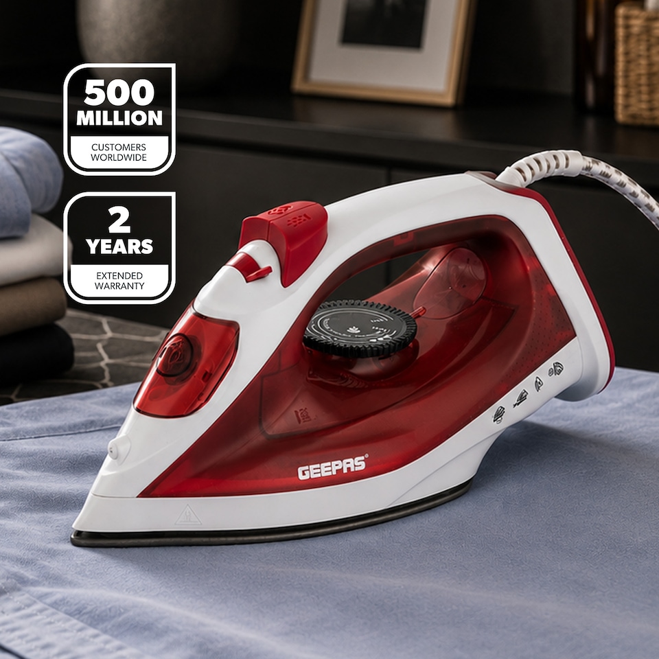 image 1 of GEEPAS Dry & Steam Iron Non Stick Soleplate 1800W Red