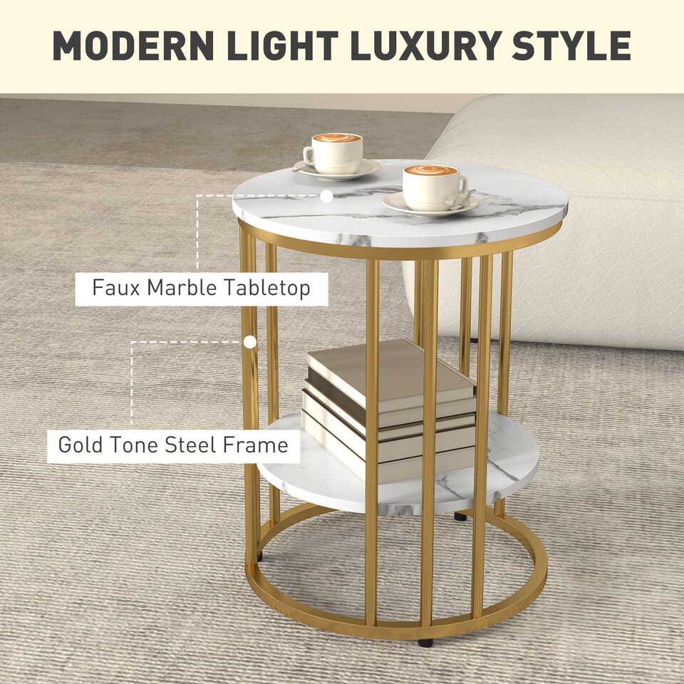 image 1 of HOMCOM Round Coffee Table Set of 2, Marble-Effect Side Tables with Storage Open Shelf and Steel Frame for Living Room, Bedroom, Gold Tone | Gold