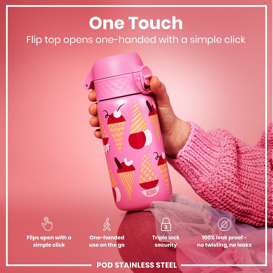 image 1 of Leak Proof Kids Water Bottle, Stainless Steel, 400ml (13oz) | Pink | Ice Creams | One Size