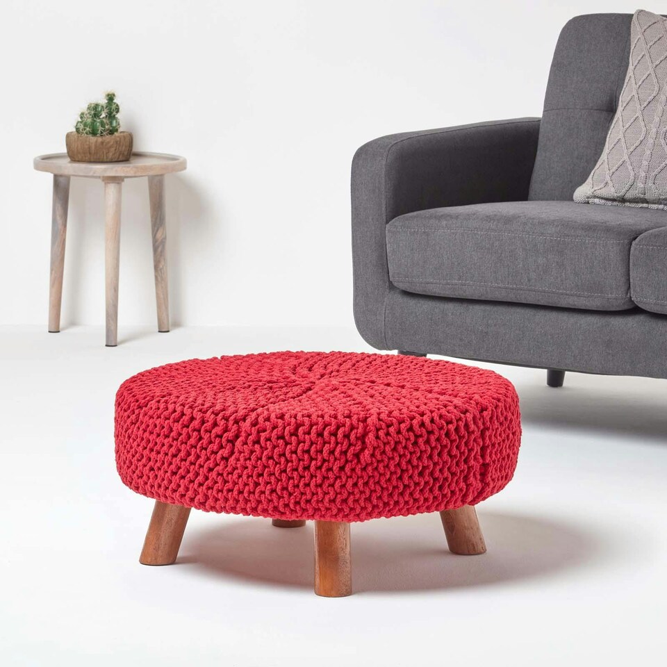 image 1 of Homescapes Red Round Cotton Knitted Footstool on Legs | Red | 62 x 62 x 30 cm