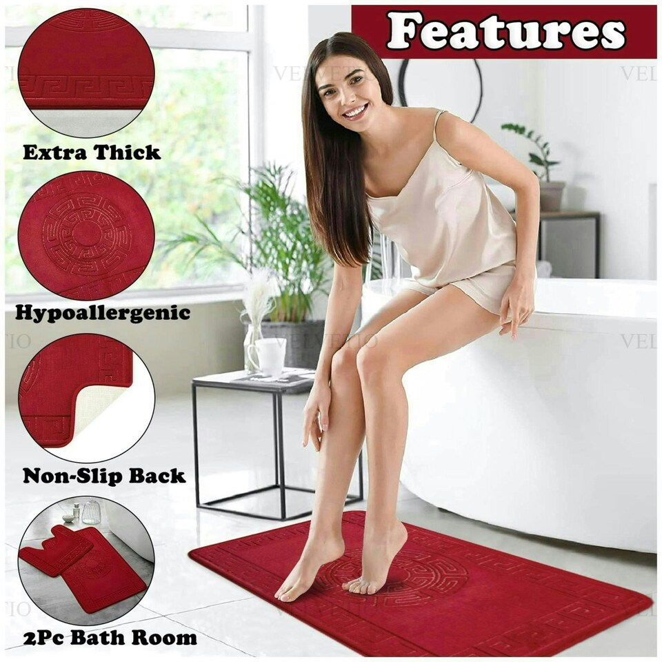 image 1 of VELVETIO Bath Mat Set Greek Pattern Anti Slip Memory Foam Toilet Rug Red