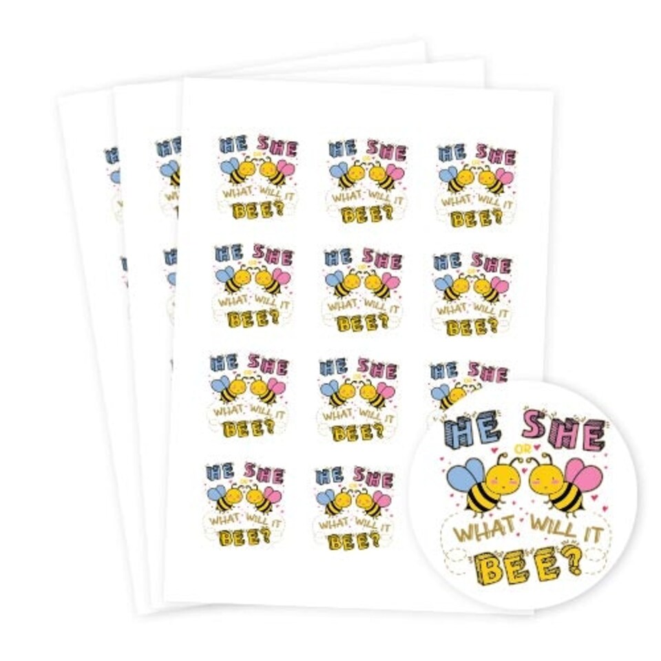 image 1 of What Will it Bee Gender Reveal Round Stickers 60mm - Sheet of 12
