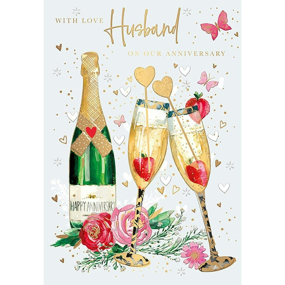 Words 'n' Wishes Husband Anniversary Card - Strawberry Champagne and Flowers with Embossed Foil Details - Eco-Friendly -