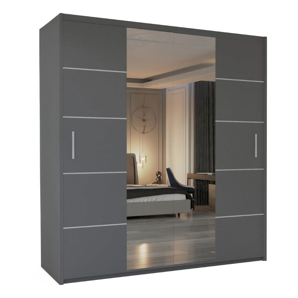 image 1 of Alfa Double Sliding Door Wardrobe with Mirror for Bedroom - Grey 150cm