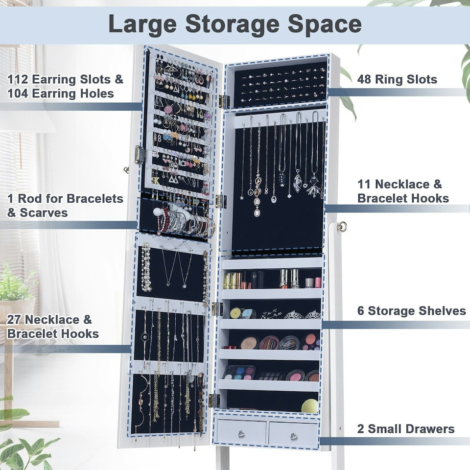 image 1 of COSTWAY Freestanding Jewelry Cabinet Lockable Armoire w/Mirror White