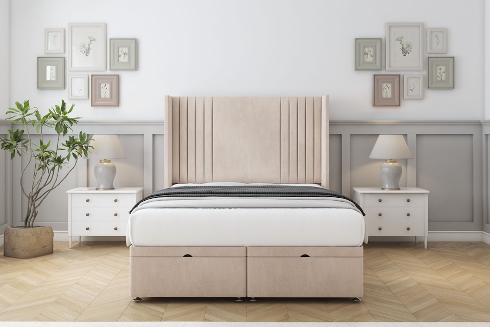 image 1 of Sloomy Camden Sand Naples Ottoman Bed With Mattress With 54" Wingback Headboard 6' Super King