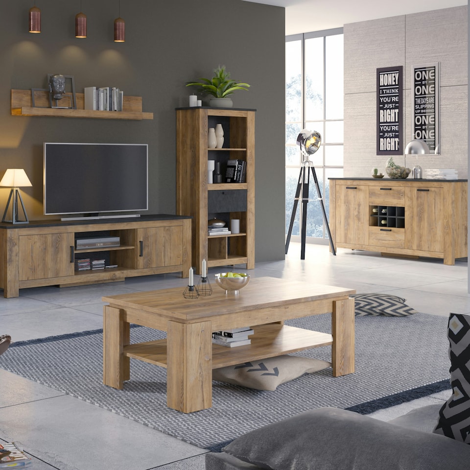 image 1 of Rapallo 135cm Wide Wall Shelf in Chestnut and Matera Grey