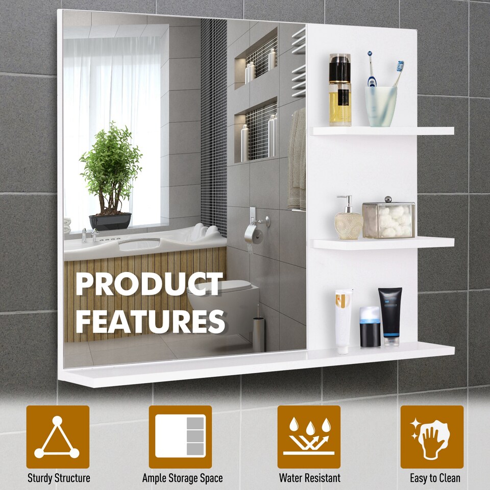 image 1 of kleankin Bathroom Mirror Wall Mount Vanity Mirror with 3 Storage Shelves, White