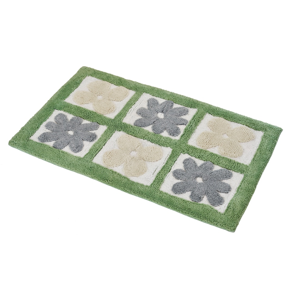 image 1 of Showerdrape Fiore 100% Cotton Green & Grey Floral Anti-Slip Bath Mat 800 x 500mm | Green | Sage Green | 1