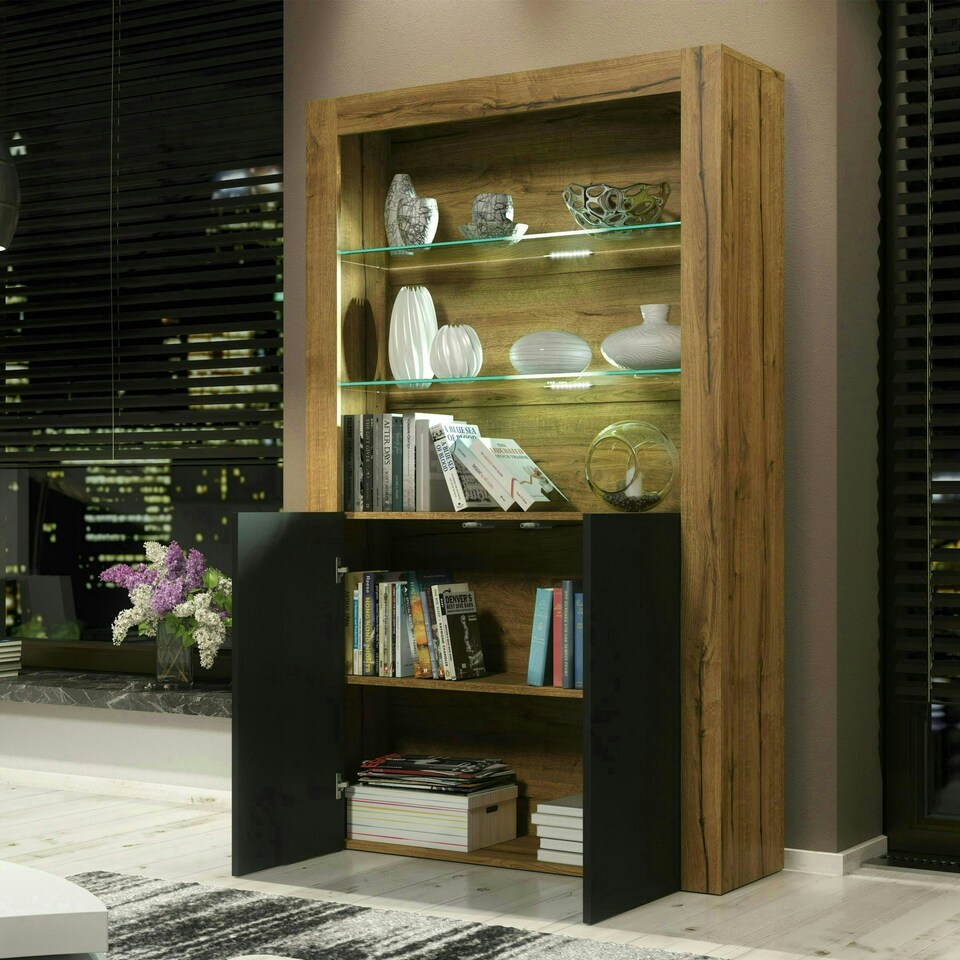 image 1 of Oak Display Cabinet 100cm Matt Finish Free LED Modern Tall Storage Unit Multi | Oak & Black