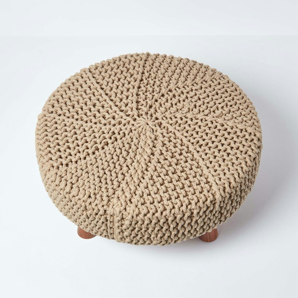 image 1 of Homescapes Linen Large Round Cotton Knitted Footstool on Legs