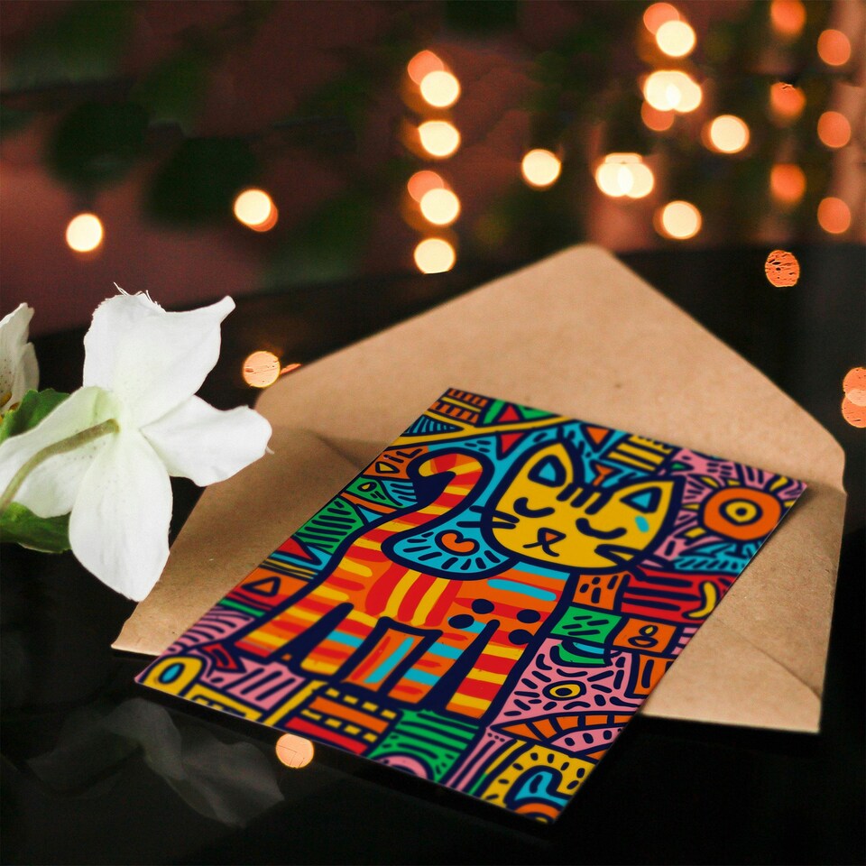 image 1 of Pet Cat Lover Colourful Folk Art Pattern Child Birthday Card