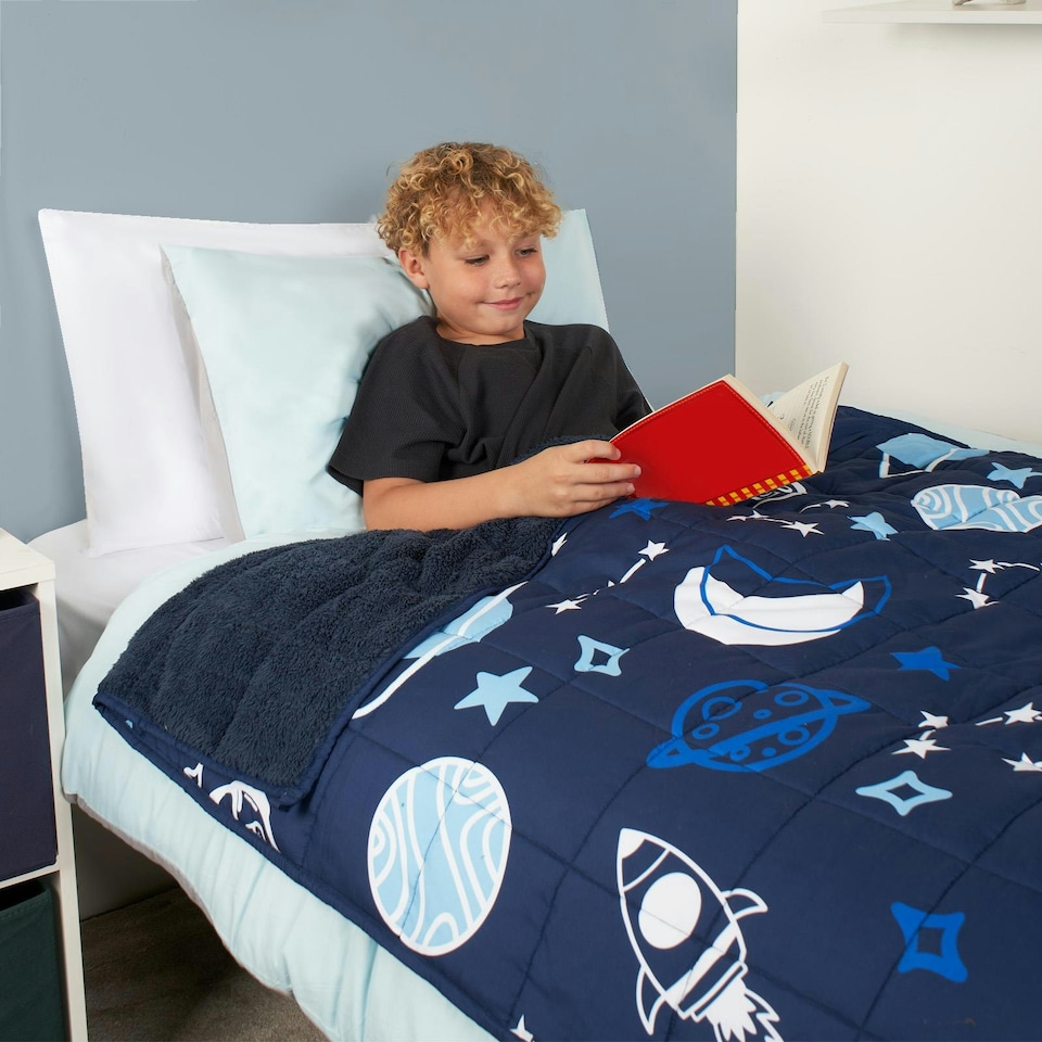 image 1 of OHS Kids 3kg Space Weighted Blanket Teddy Fleece Sensory Anxiety Sleep Therapy, 110x150cm - Navy Blue