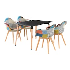Patchwork Halo Dining Set Includes a Black Dining Table & Set of 4 Fabric Chairs | Multi | Multicolor