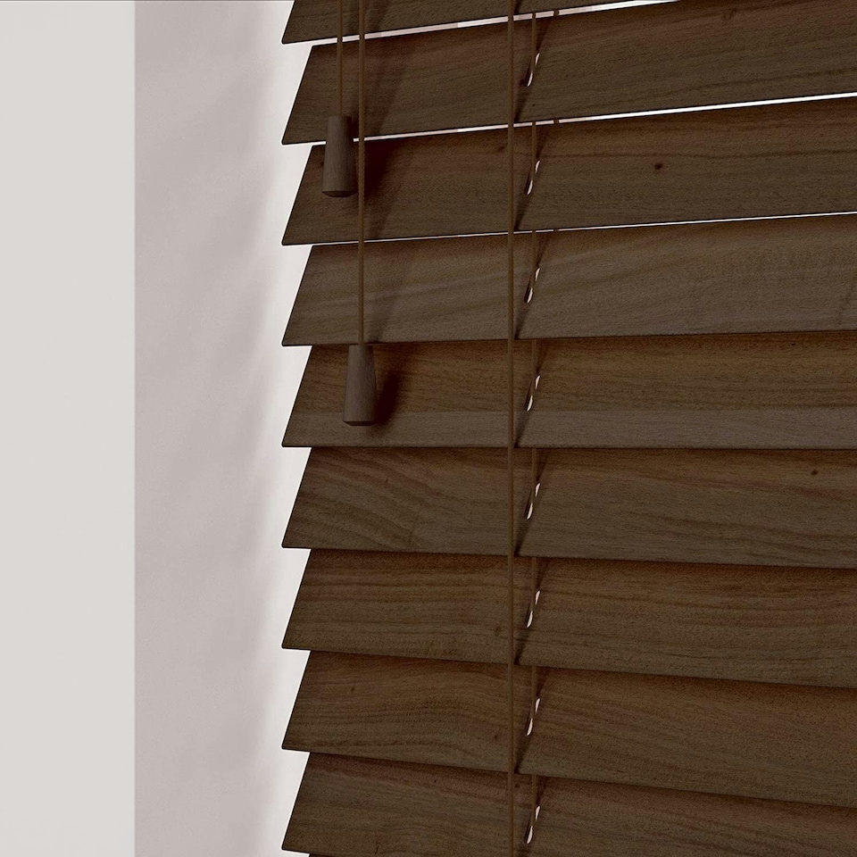 image 1 of 240cm Burnt Dark Oak Wooden Venetian Blinds With Strings (130cm drop)