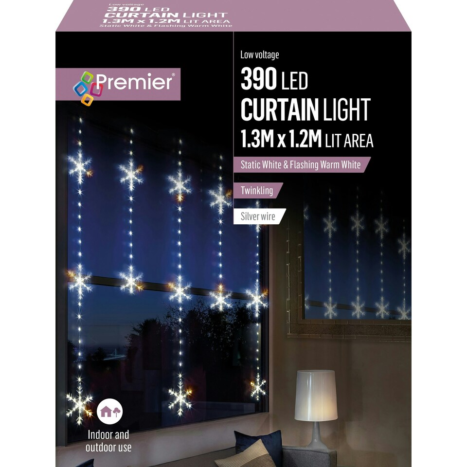 Premier Curtain Lights Snowflake Flashing LED White 1.3 x 1.2m