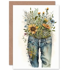 Spring Wildflowers Bursting Out Jeans Nature Birthday Card