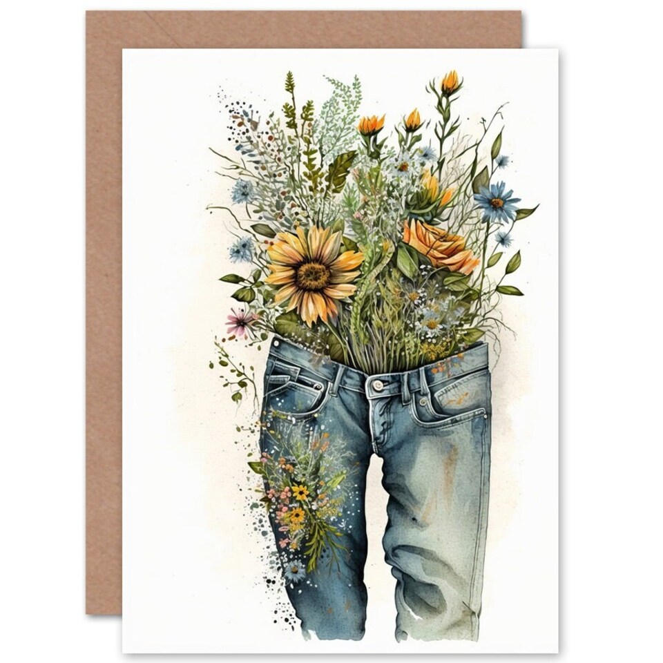 image 1 of Spring Wildflowers Bursting Out Jeans Nature Birthday Card