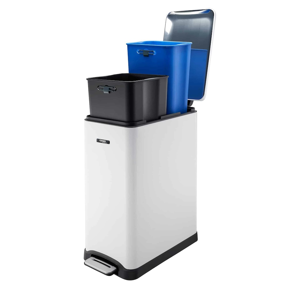 image 1 of Cooks Professional Dual Recycle Slimline Pedal Bin 50L | 20L & 30L Removable Compartments | White