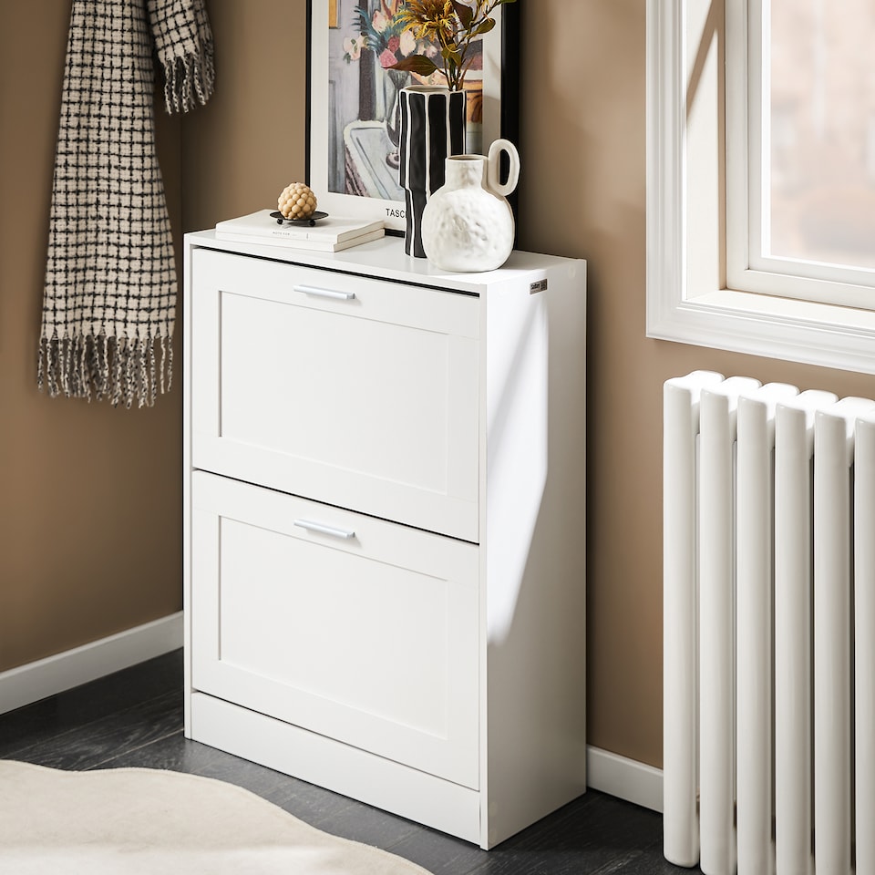 image 1 of SoBuy Narrow 2 Flip-Door Shoe Cabinet, White, 23.6x9.8x31.5 inches, 12.22 kg - FSR137-W