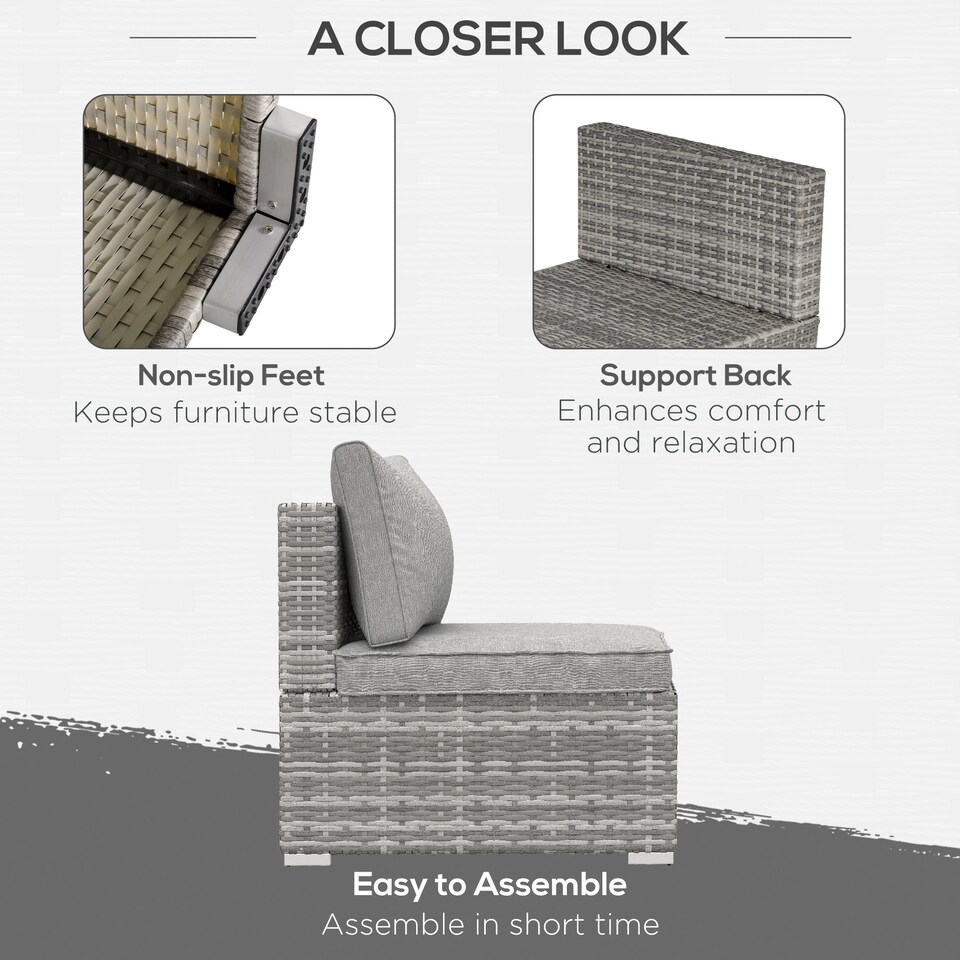 image 1 of Outsunny Armless Rattan Garden Chair, Outdoor Rattan Chair with Cushions, PE Wicker Garden Furniture with Steel Frame, Adjustable Footpads for Garden, Terrace, Light Grey | Grey | One Size