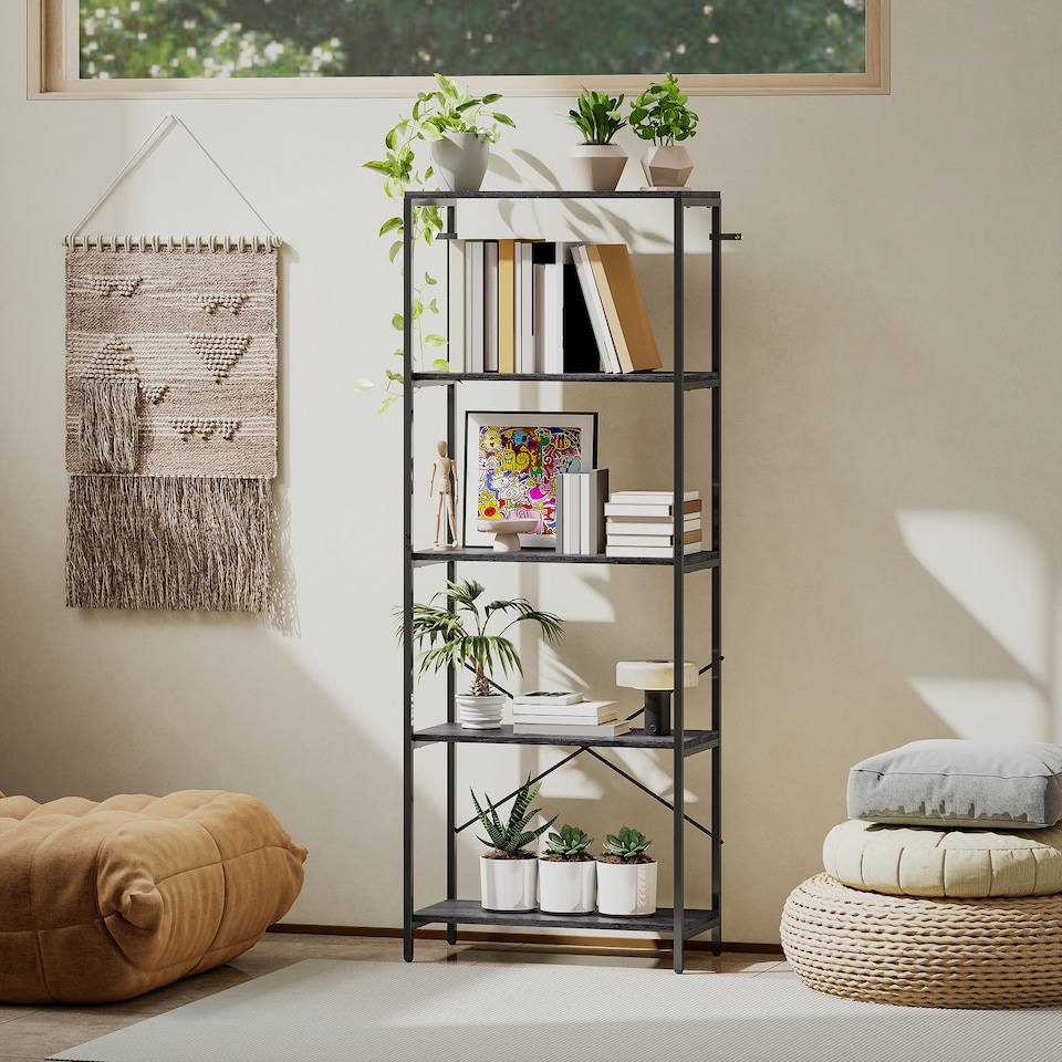 image 1 of HOMCOM 5-Tier Bookshelf, Industrial Bookcase, Floor Standing Book Shelf with Metal Frame, Open Display Shelving Unit for Living Room, Home Office and Bedroom, Dark Grey and Black | Black | Dark Grey and Black