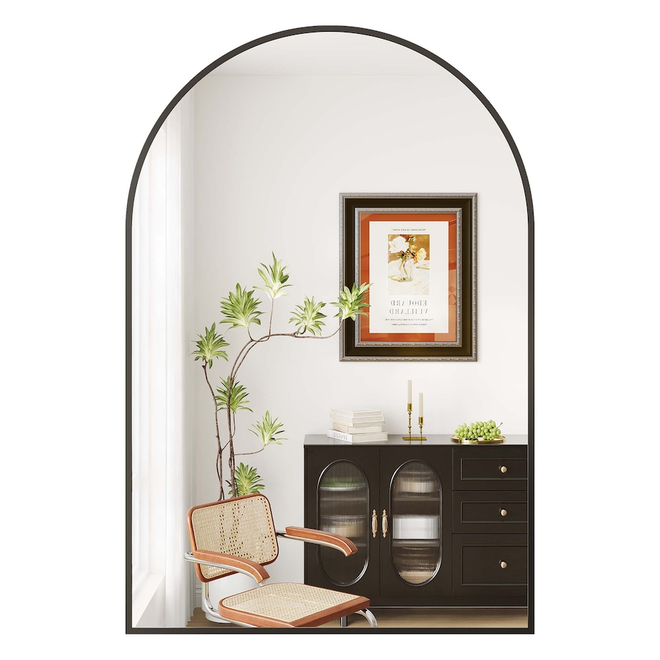 image 1 of London Boutique Black Aluminium Framed Arched Top Wall Mounted Bathroom Vanity Mirror 20 x 30 Inch / 50.8 x 76.2cm 5mm Thick Shatterproof Eco Safety Silver Glass Lens Hemmed Edge Frame Simple Wall Hanging Hardware Included No LED Lights Decorative Wall Mirror For En-suite Bathroom Wash Basin Vanity Hallway Entryway Bedroom Wall Decor Terraced House Small Flat Single Mirror