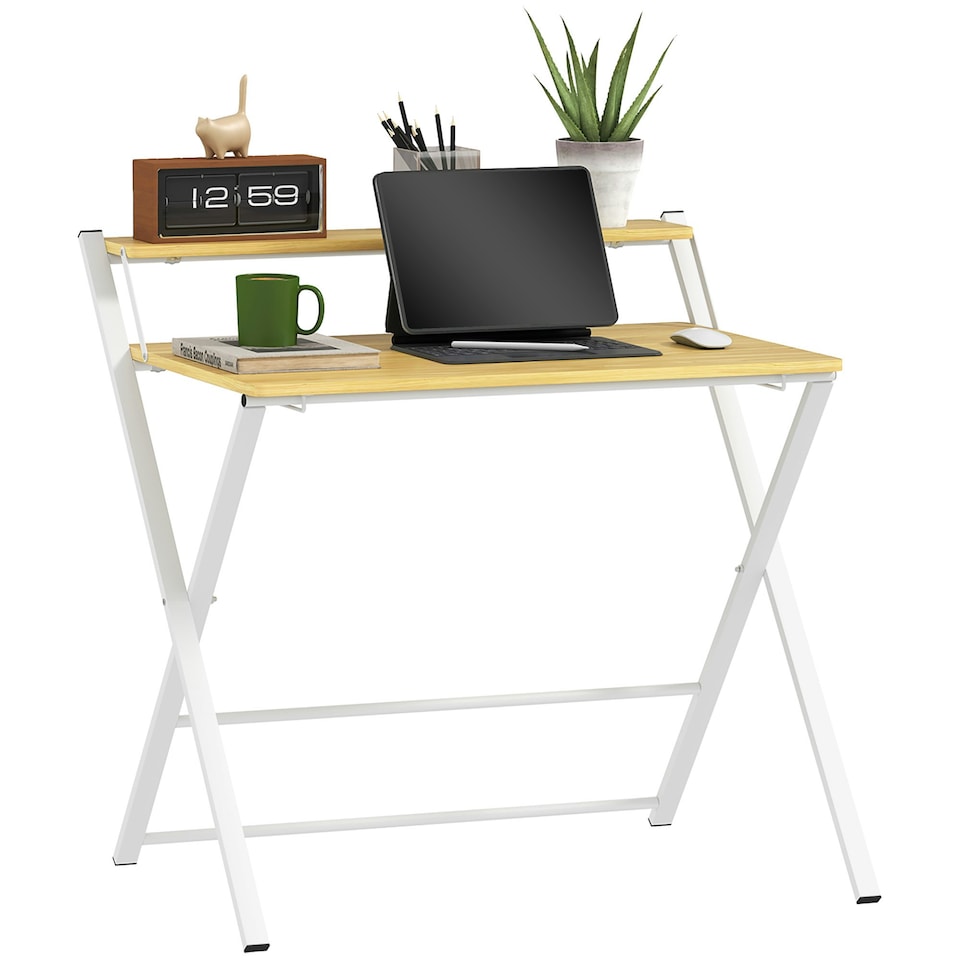 image 1 of HOMCOM Folding Desk with 2-Tier Shelf for Home Office, Maple Wood
