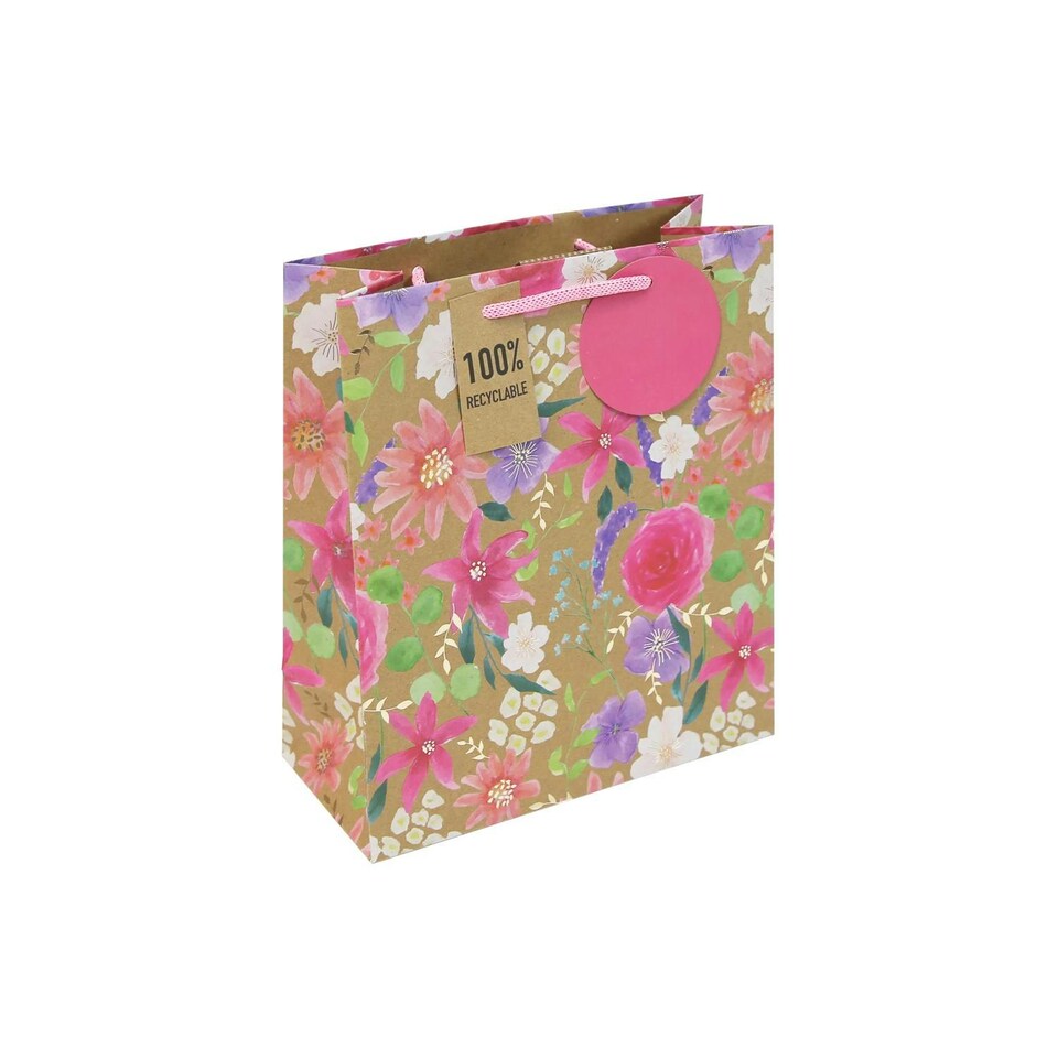 image 1 of Pack of 6 Kraft Floral Medium Gift Bags | Brown | 12