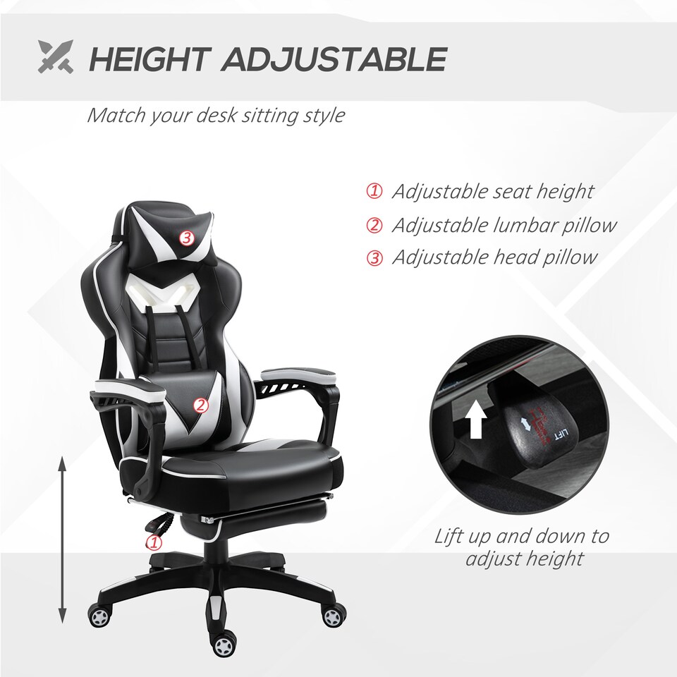 image 1 of Vinsetto Computer Gaming Chair, Racing Desk Chair with Lumbar Support and Footrest, PU Leather Gamer Chair with Headrest and Swivel Wheels for Home, White